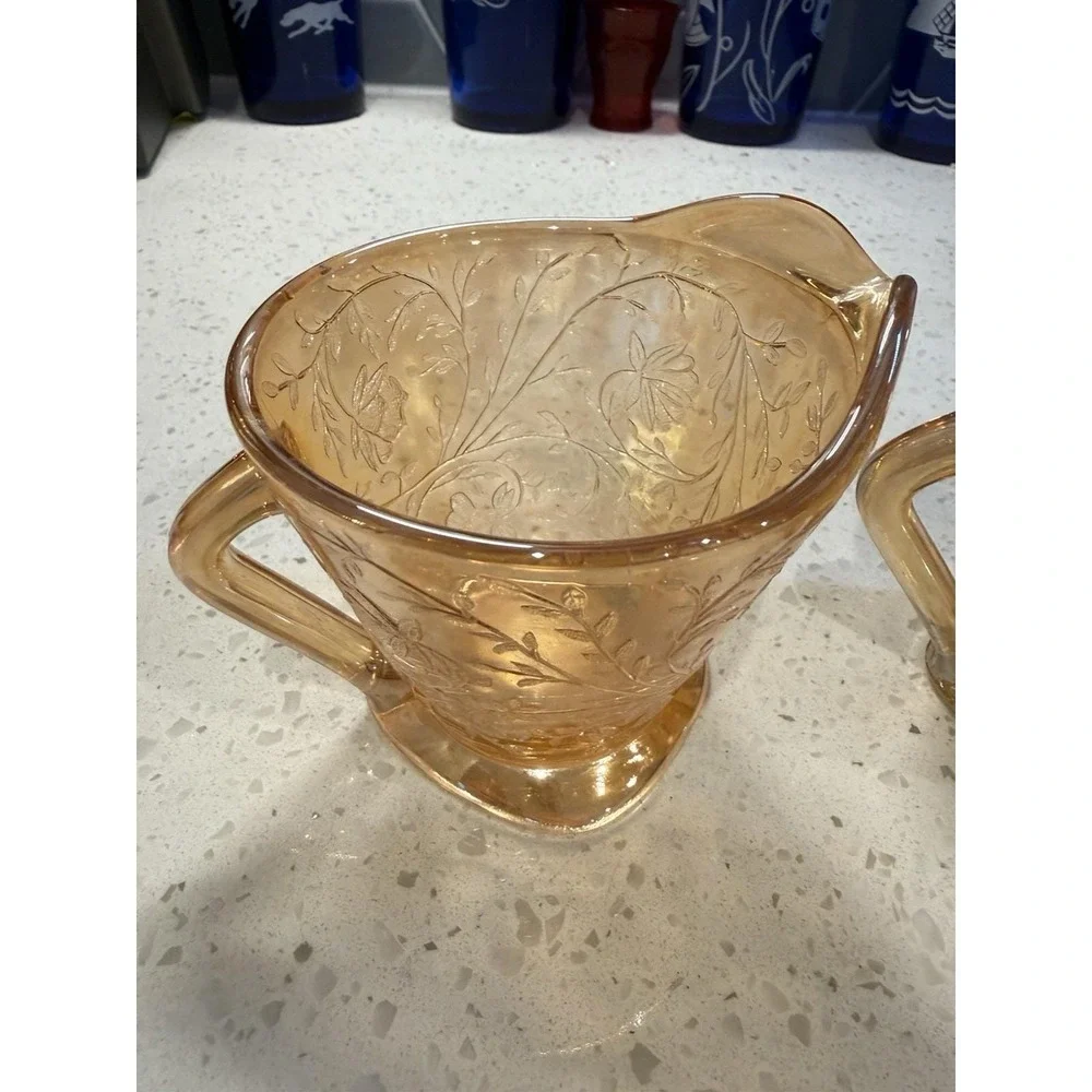 Jeannette Floragold Carnival Creamer Sugar & Lid Mid Century Depression Glass